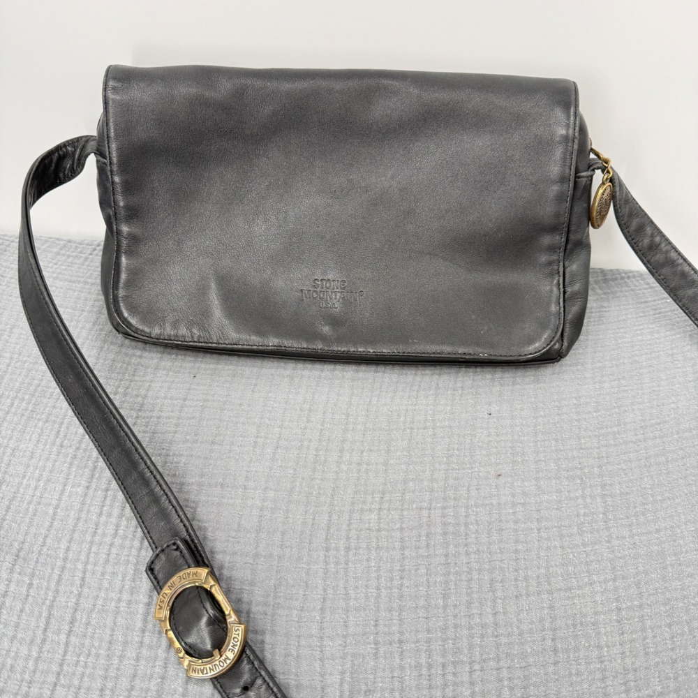 Vtg Stone Mountain Leather Crossbody Bag‎ Black Some Distressing USA Made Purse